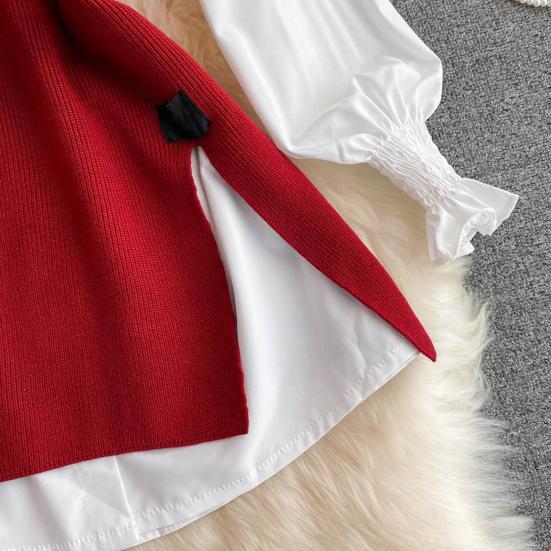 3Pcs/Set Women Shirt Vest Set Lapel Lantern Long Sleeve Single Breasted Shirt O-neck Side Slit Knitting Vest Set with Belt