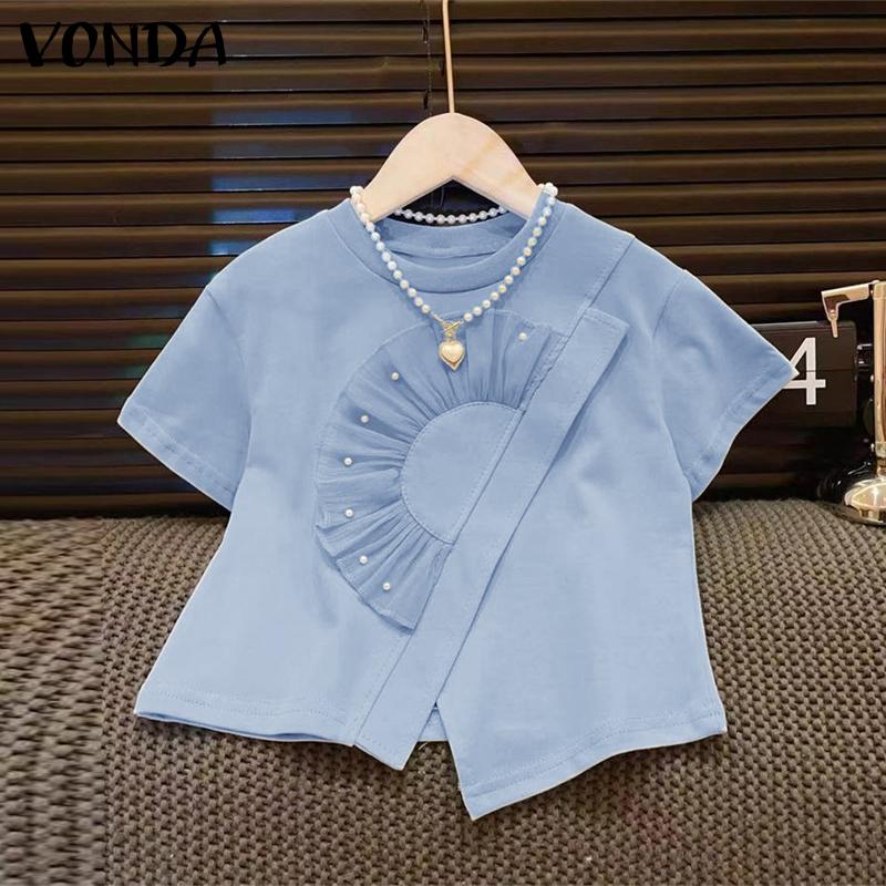 VONDA Женские летние блузки с круглым вырезом и коротким рукавом, украшенные жемчугом