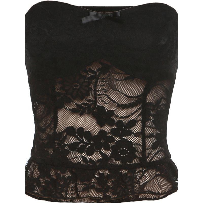 Странный стиль моды Puss Маленький сексуальный кружевной шов Элегантный облегающий Показывающий стройность Черный прозрачный жилет-топ-труба
