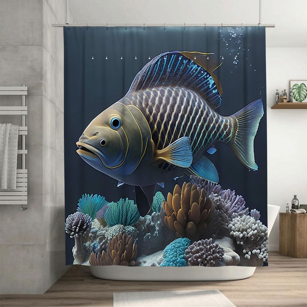 Large Fish Printed Shower Curtain Bath Decor with Sea Coral Design 3D Waterproof Polyester Fabric for Home Decoration SizeL180xW