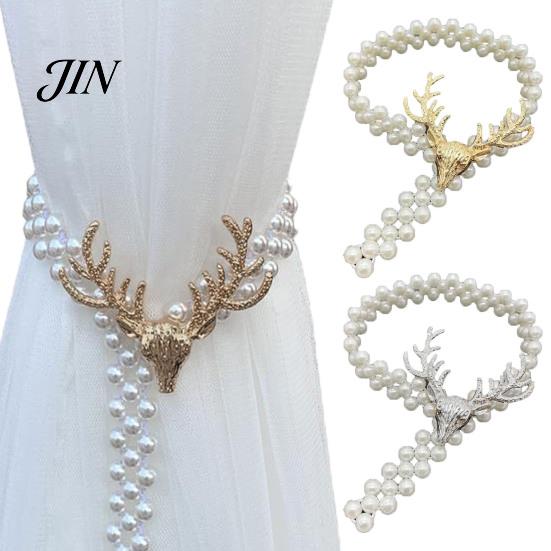 Curtain Tiebacks for Drapes Deer Head Tieback, Faux Pearl Beaded Stretch Holder, Adjustable Holdbacks Holdback Bedroom Living Room Window Door Easy to
