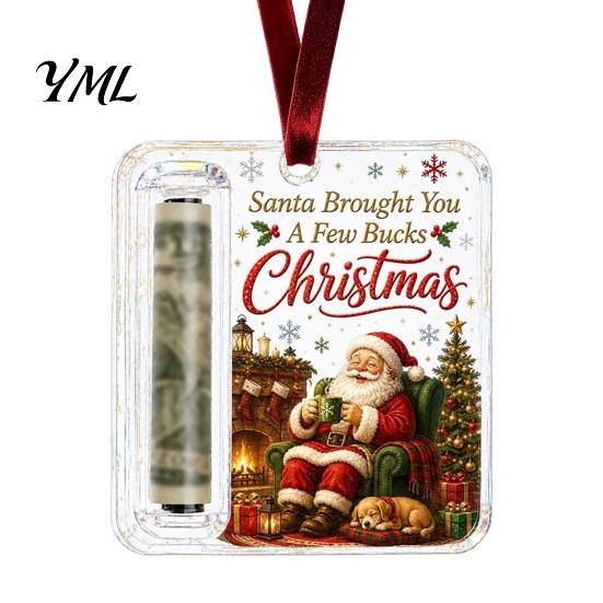 Acrylic Money Holder Christmas Cash Gift Ornament, Angel Santa Cat Ornament for Xmas Tree, Holiday Party Hanging Decoration with Lanyard Tree