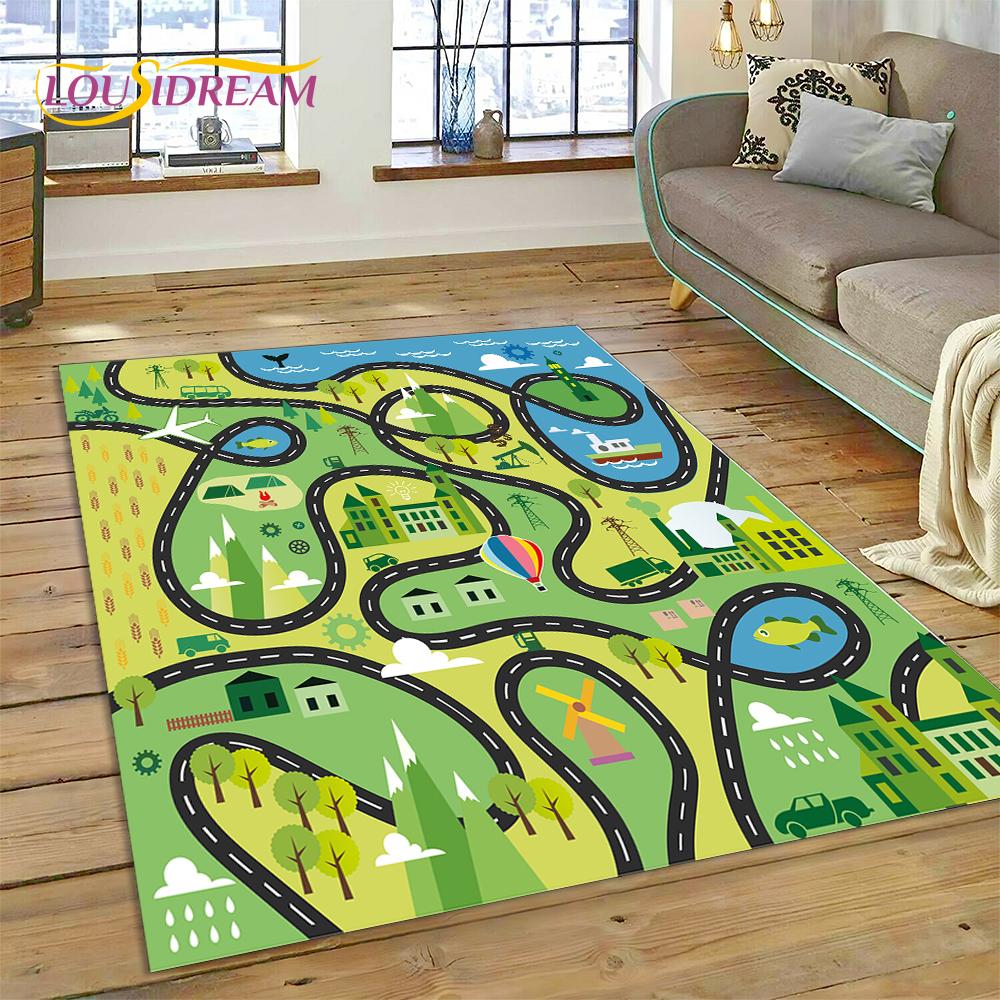 3D City Traffic Road Map Child PlayMat Highway Playroom Area Rug,Carpet Rug for Living Room Bedroom Sofa Doormat, Non-slip Gift