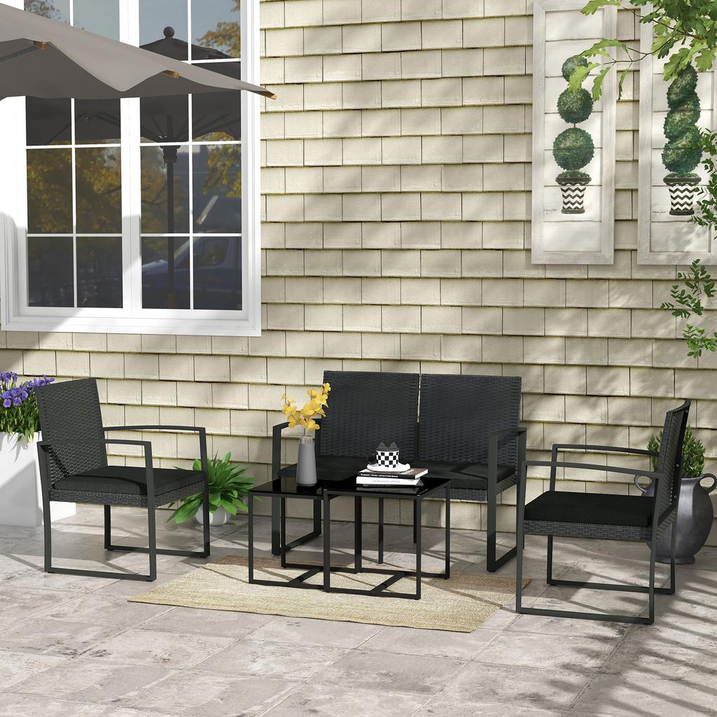 Garden Furniture Set, Synthetic Rattan, 2 Single Sofas, 1 Double Sofa, 2 Coffee Tables, Black