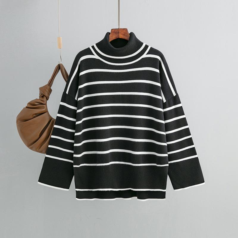 Autumn and Winter Women's Sweater Knit Sweater Pullover Clashing Stripes High Neck Loose Casual Sweater