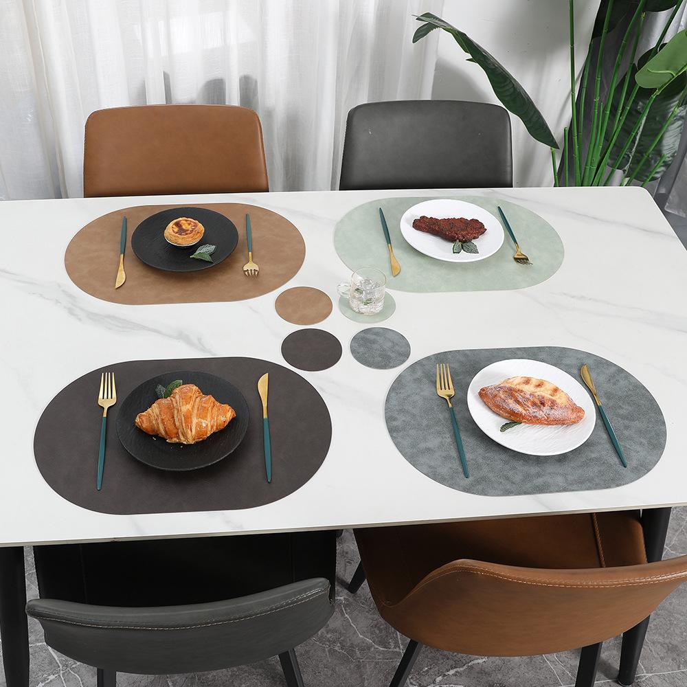 Nordic ins cowhide leather placemat two-color tableware oval dining table western food plate anti-scalding heat insulation pad waterproof