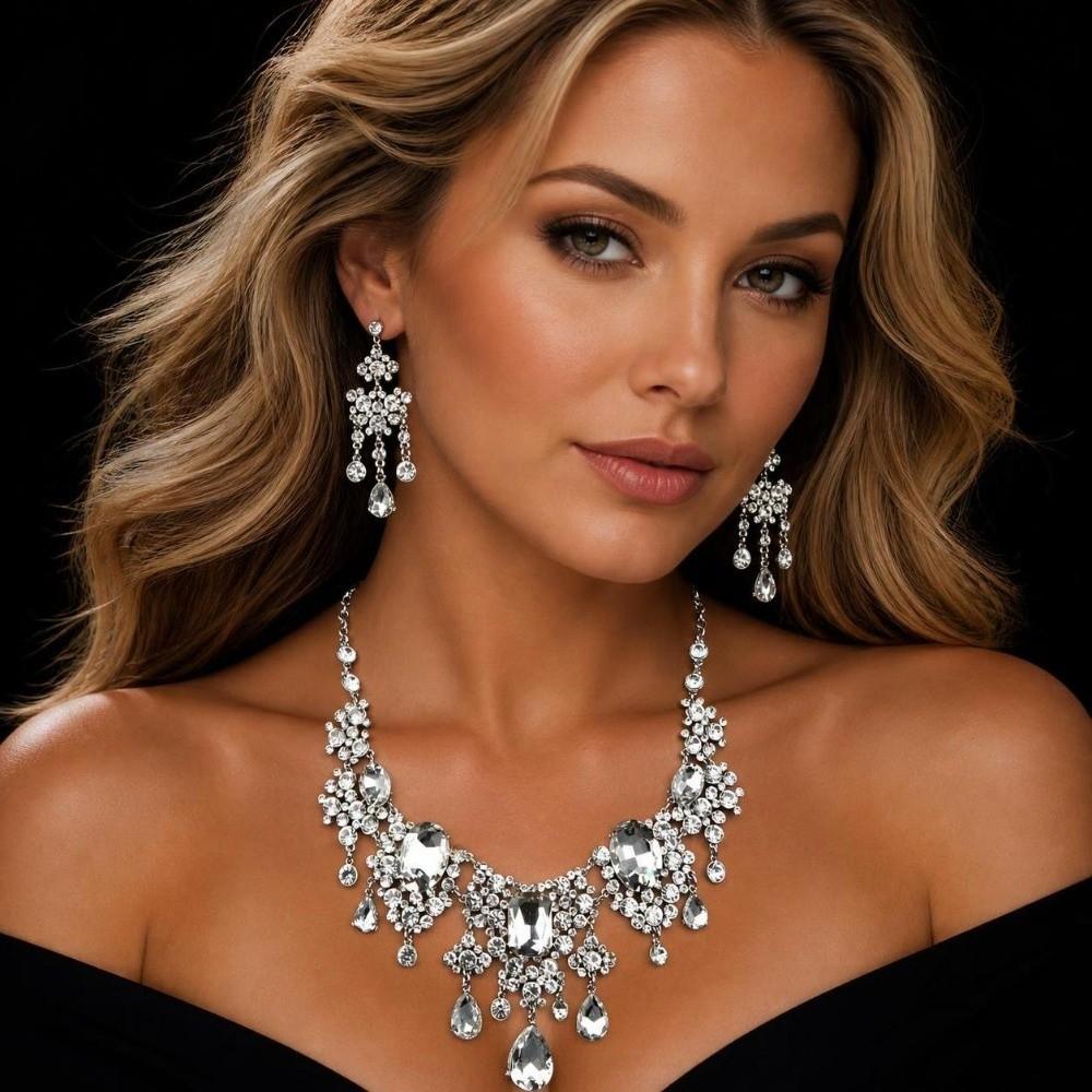 Shiny Rhinestone Jewelry Set Baroque Waterdrop Pendant Necklace  Wedding Party