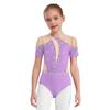 Боди для фигурного катания для девочек, с коротким рукавом, вырезом на спине, вставками из прозрачной сетки, расшитое блестящими стразами, танцевальная одежда
