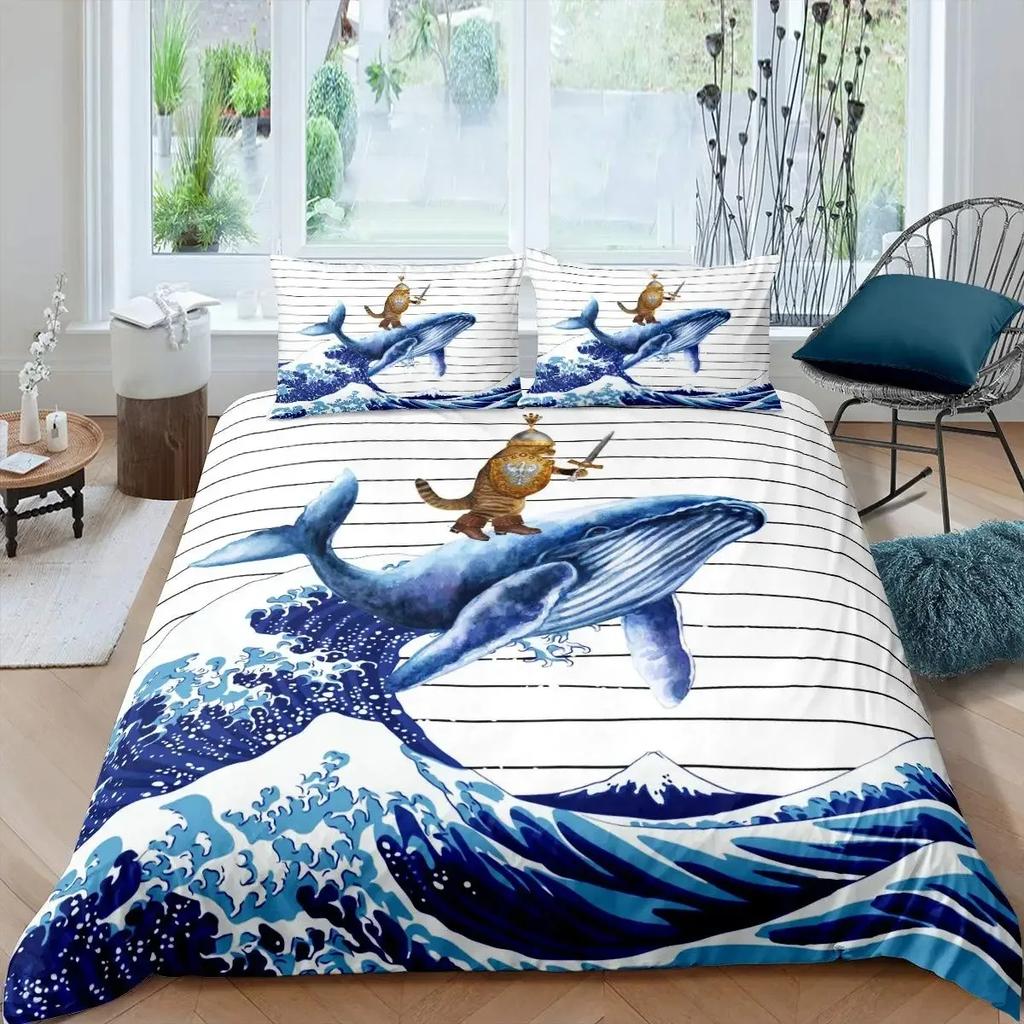 Funny Pirate Cat Duvet Cover Set Cat Riding Whale Japanese-Style Sea Wave Bedding Sets Stripe Lines Comforter Cover Full Queen