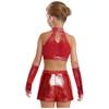 Girls Shiny Sequin Crop Top Keyhole Back Sleeveless Shorts Metallic Gloves Tassels Stage Costume