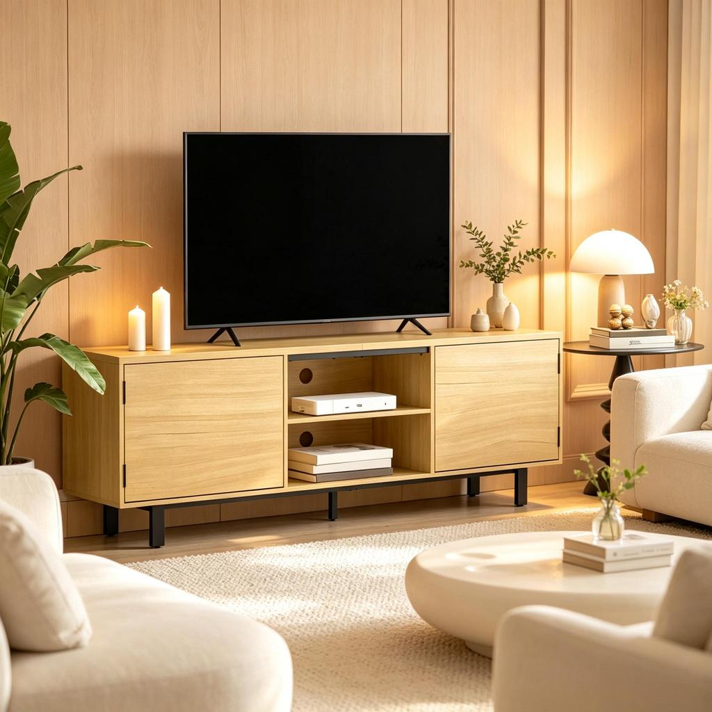 TV Stand up to 65 Inches, TV Cabinet with 2 Push-to-Open Doors and 2 Open Shelves, TV Cabinet for Living Room