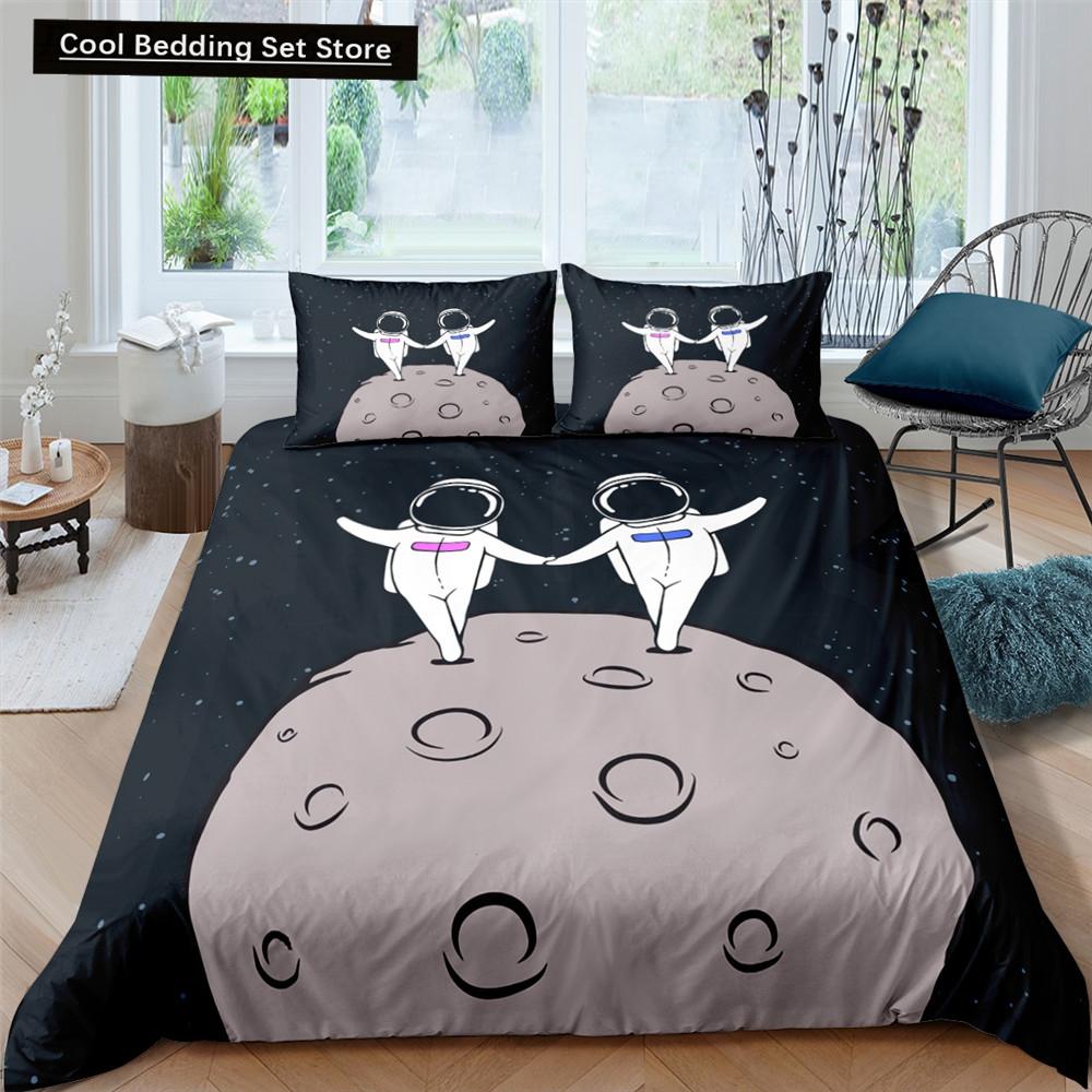 Cartoon Astronaut King Queen Duvet Cover Kawaii Spacecraft Bedding Set for Kids Outer Space Blue 2/3 Pcs Polyester Quilt Cover