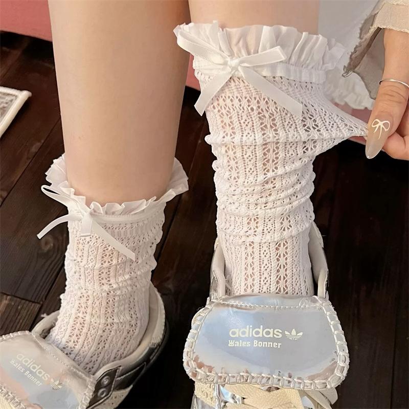 Ladies Summer Thin Bow Lace Edge Ballet Wind Mid Tube Pile Socks