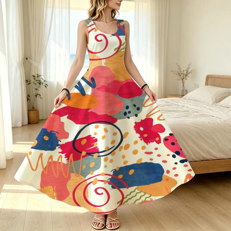 Women's Abstract Art Beach Maxi Dress Sleeveless,Colorful,Flowy Hem,Soft Fabric,Flattering for Vacations,Photoshoots,Casual Everyday Wear,Versatile