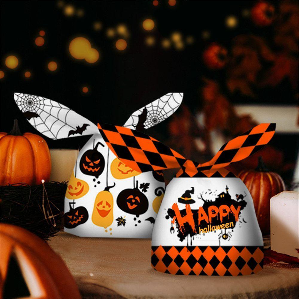 50Pcs Bat Pumpkin Halloween Decoration Cookie Bag Rabbit Ear Halloween Candy Bags Baking Packaging