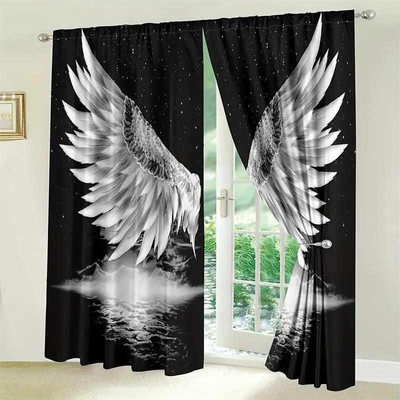 2 штуки черных штор с принтом ангельских крыльев и звезд, шторы с кулиской 30*65, украшение для дома, украшение для комнаты