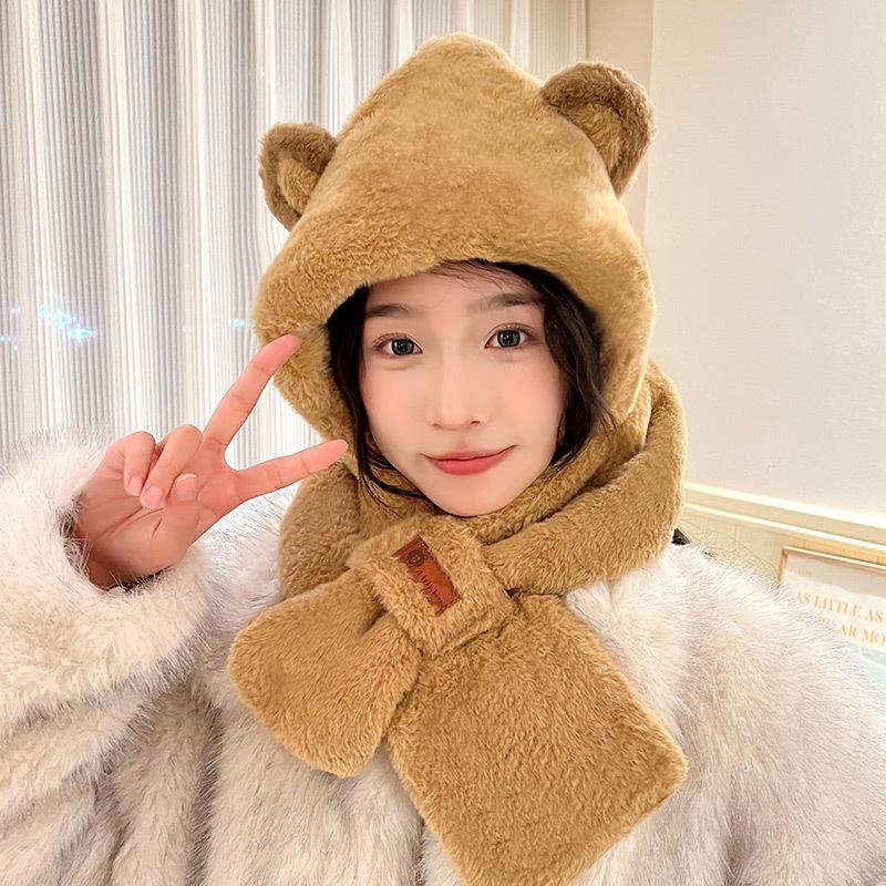 Women's Cozy Fox Ear Plush Hat with Integrated Scarf - Warm, Soft Lei Feng Design for Autumn and Winter. Perfect Ear Protection for Students.
