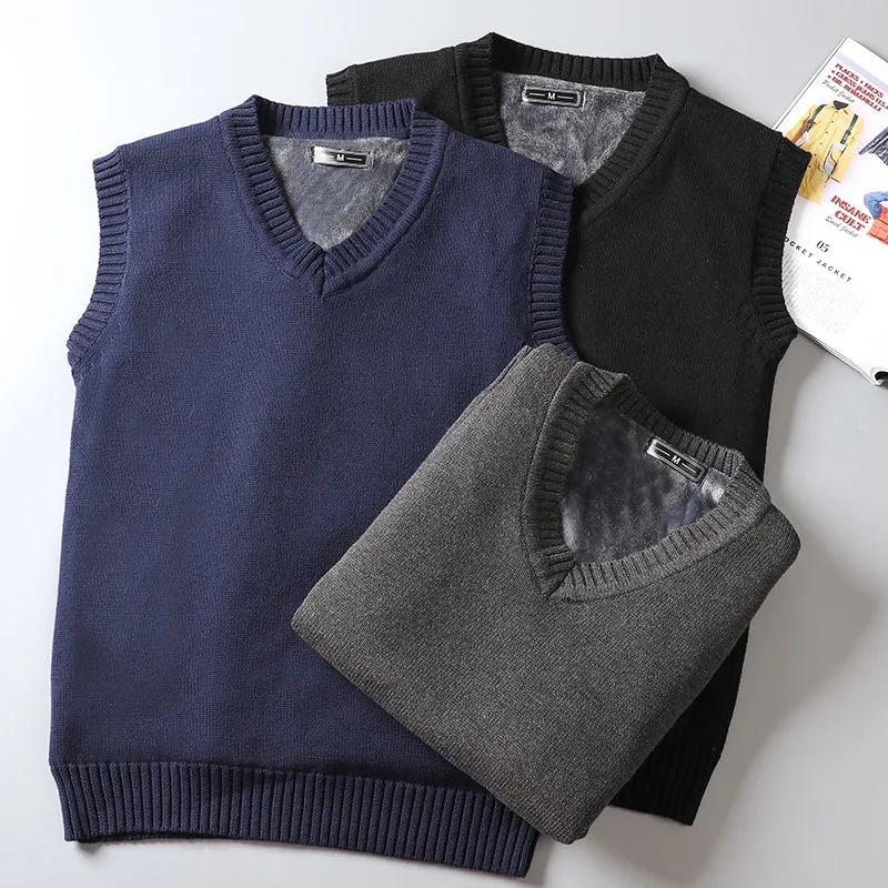 Мужская зимняя одежда, толстый бархатный свитер, хлопковый без рукавов, деловой вязаный толстый жилет, теплая одежда, однотонный свитер высокого качества для мужчин