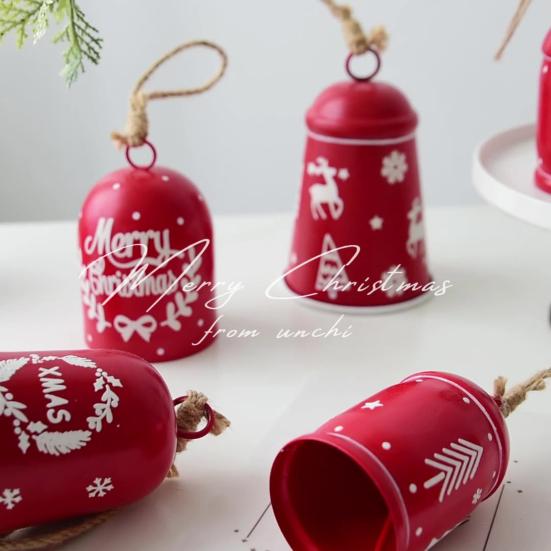 2 Pcs Red Christmas Bells Ornament Vintage Rustic Hanging Bell with Snowflake Reindeer Tree Pattern Handmade Lucky Bell for Home Tree Decor