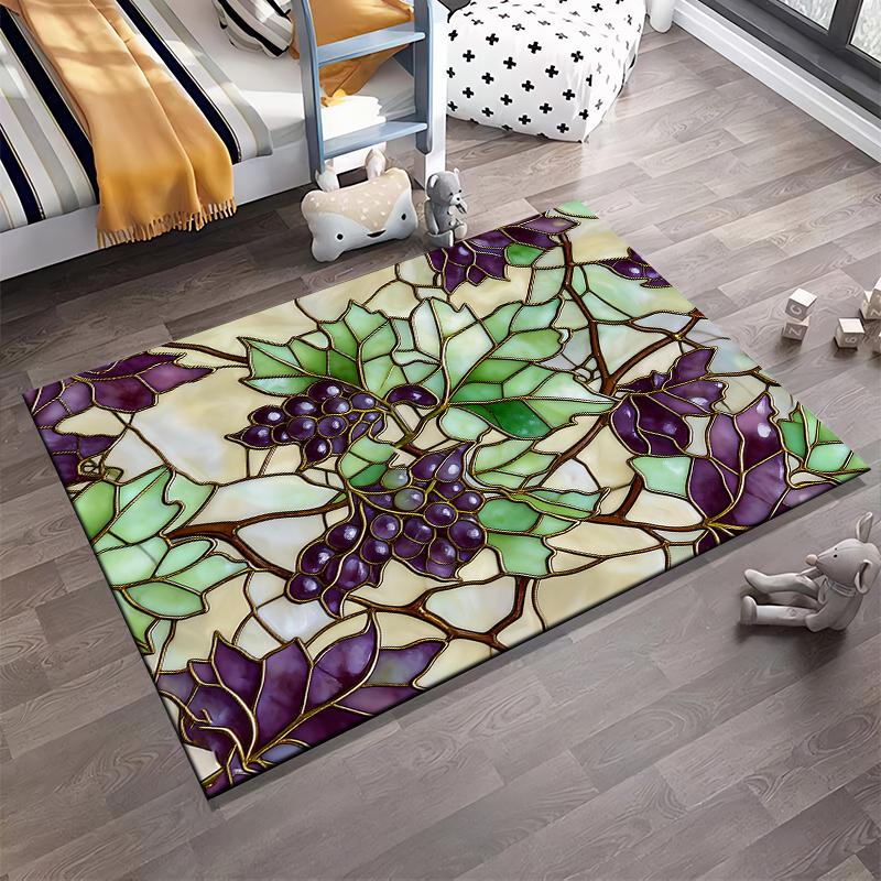 "Stained Glass Style Carpet with Green Leaves and Purple Grapes Design" Suitable for use as an anti-slip for living room bedroom sofas
