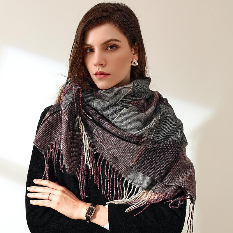 Scarf Women's Imitation Cashmere Scarf Warm Printed Plaid Scarf with Tassel Square Scarf for Women