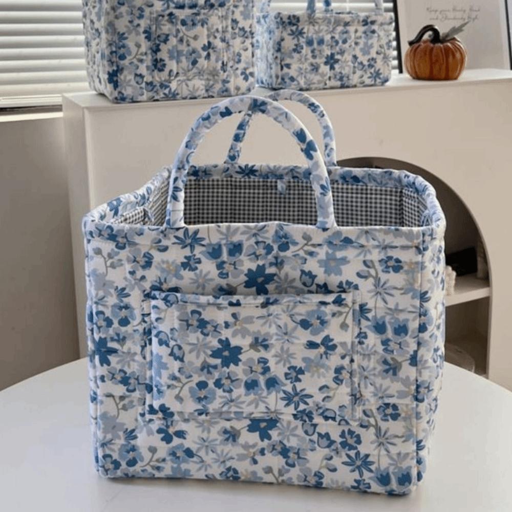 Floral Print Foldable Laundry Basket with Side Pocket Quilted Storage Basket Travel