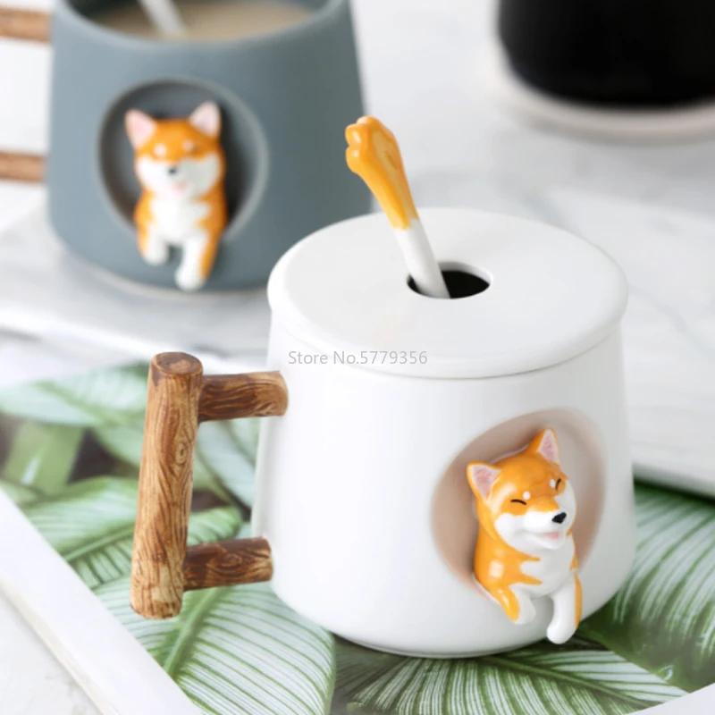 Милая мультяшная собака Сиба-ину Керамическая кружка Креативная для мужчин и женщин Пара С крышкой Ложка Для питья Воды Кофейная чашка