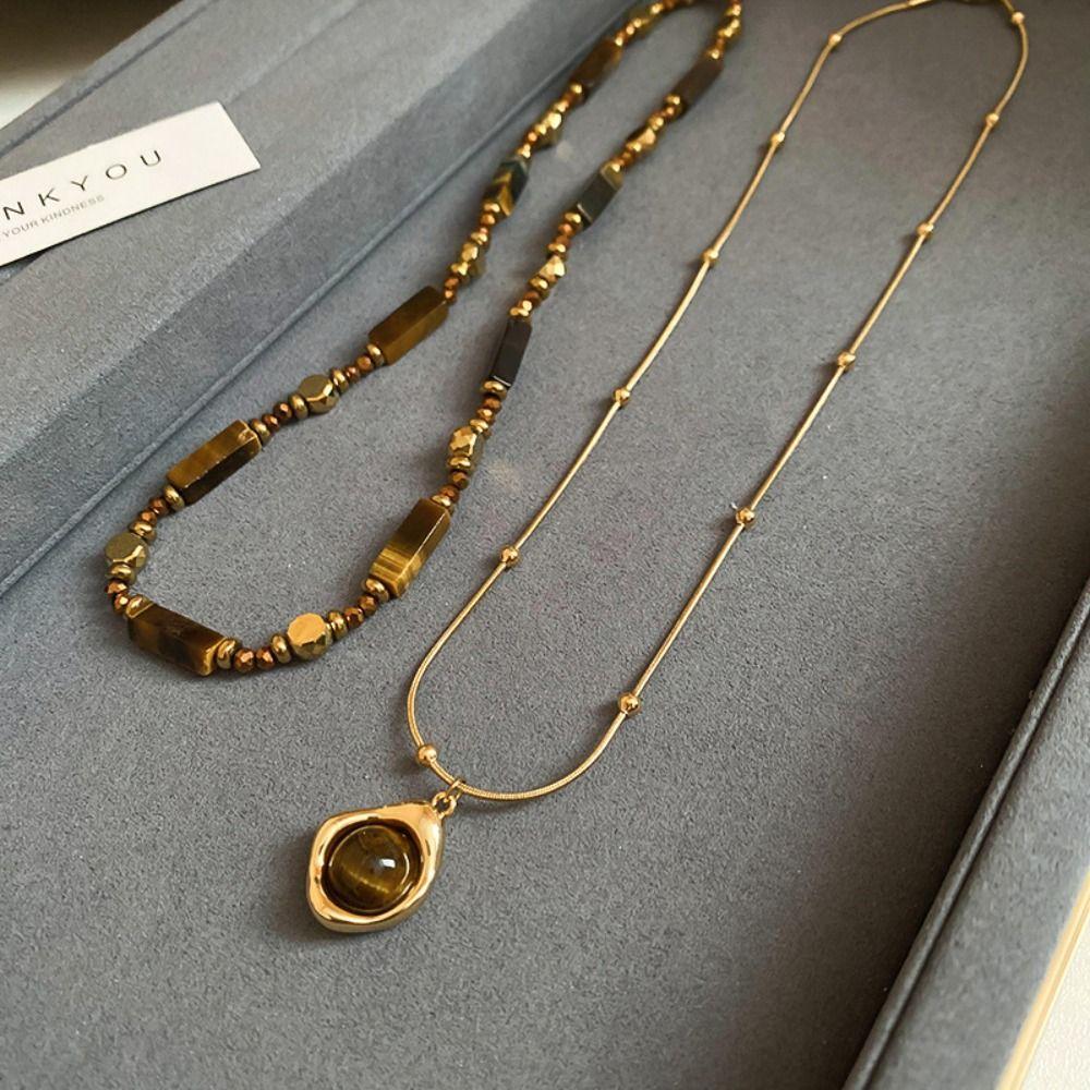 Light Luxury Collarbone Chain Senior Sense Sweater Chain Tiger's Eye Stone Beaded Necklace Winter