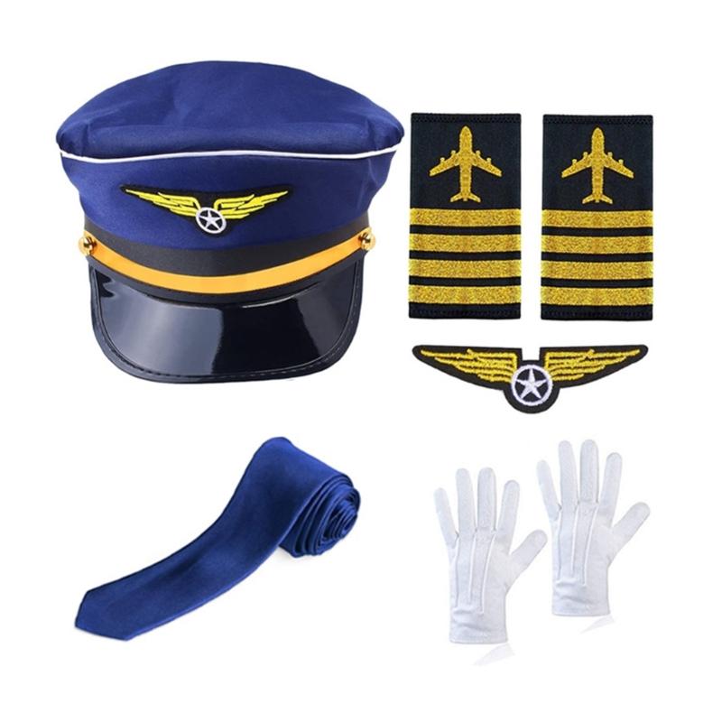 Airline Captain Costume Adult Pilot Cosplay Accessory Uniform Epaulette Hat Neck Tie Flight Attendant Role Play Outfit