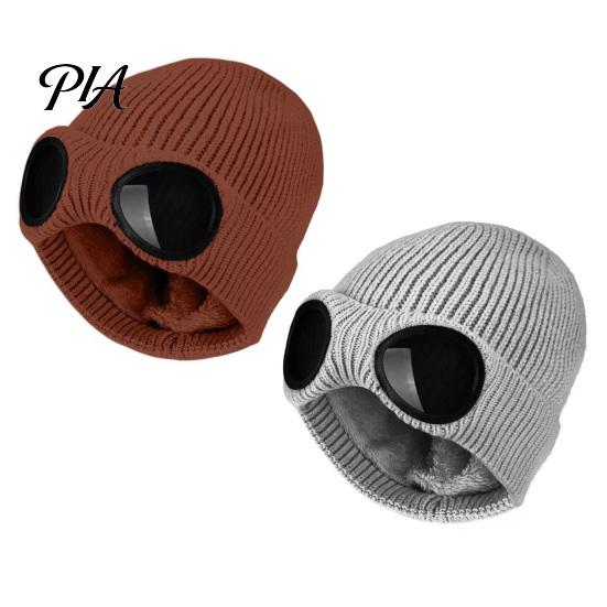 Warm Hat for Most Head Sizes 2Pcs Fleece Lined Hats with Goggles, Winter Knit Casual Accessory Outdoor Activities Hats, Windproof Skiing Caps