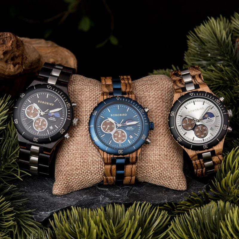 BOBOBIRD Повседневные спортивные деревянные часы Мужские с задней крышкой из нержавеющей стали Многофункциональные мужские часы
