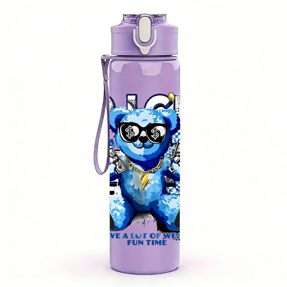 1PC Rich Blue Bear Glasses Portrait 750ml Color Plastic Water Bottle Leakproof Flip Straw Lid For Sports Office Home Use
