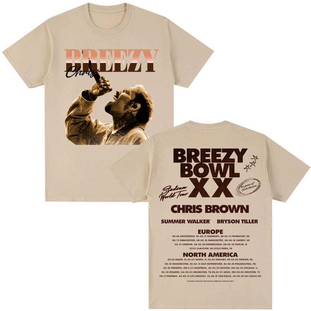 Rapper Chris Brown Album Tshirt Breezy Bowl XX Tour 2025 Hip Hop Vintage T Shirt Men Women Oversized Cotton Tshirts Streetwear