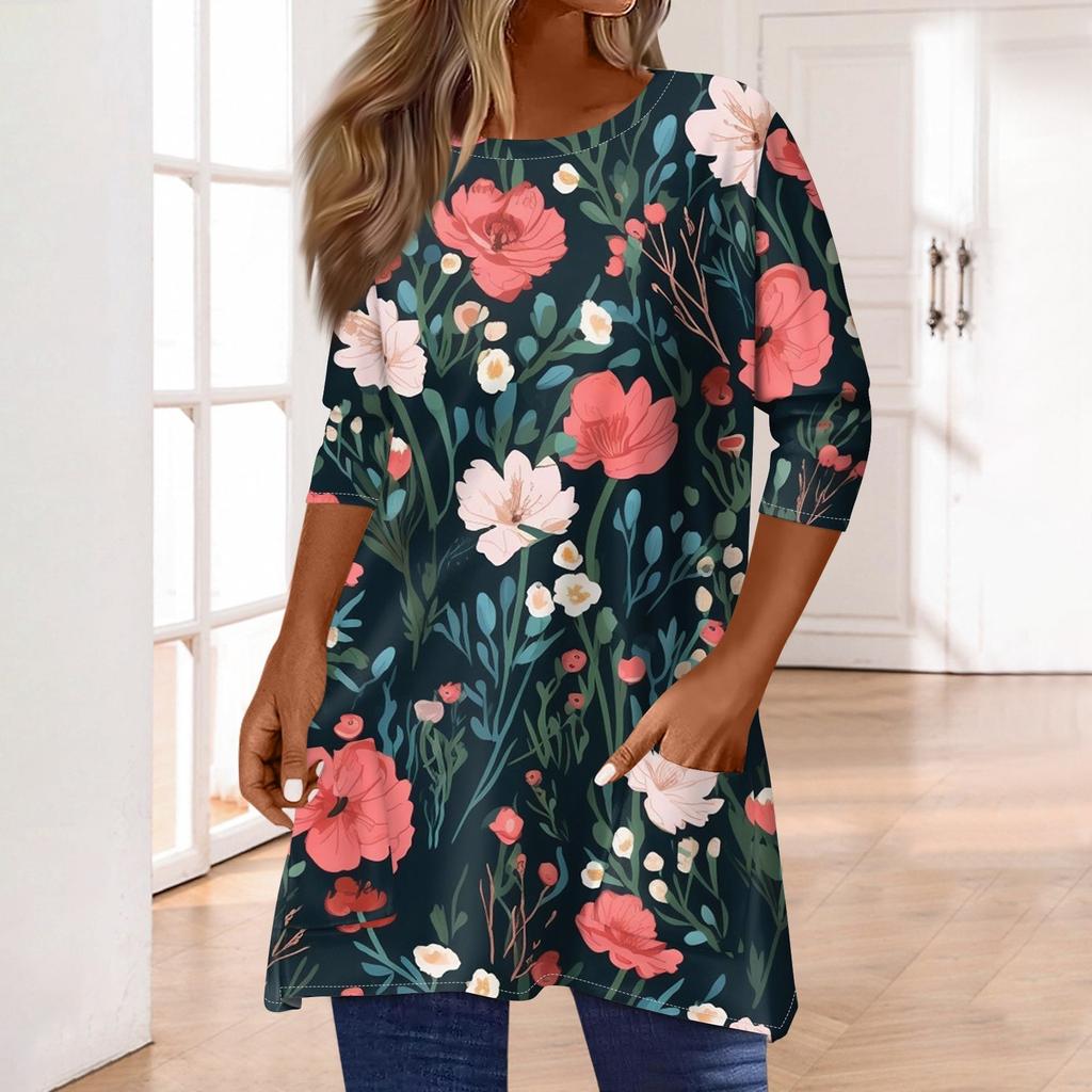 Топы с рукавами 3/4 для женщин, футболка, повседневные топы с принтом, футболка, пуловер с круглым вырезом, блузка