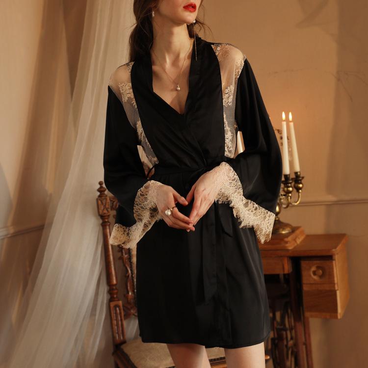 French Lace Sheer Mesh Nightgown: Seductive Ice Silk Women's Camisole Nightdress