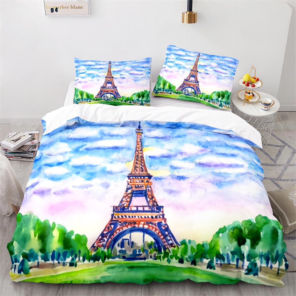 Paris Eiffel Tower Themed Duvet Cover Set City Landscape Sky Cloud Comforter Cover Home Decor Romantic Bedspread Cover King Size