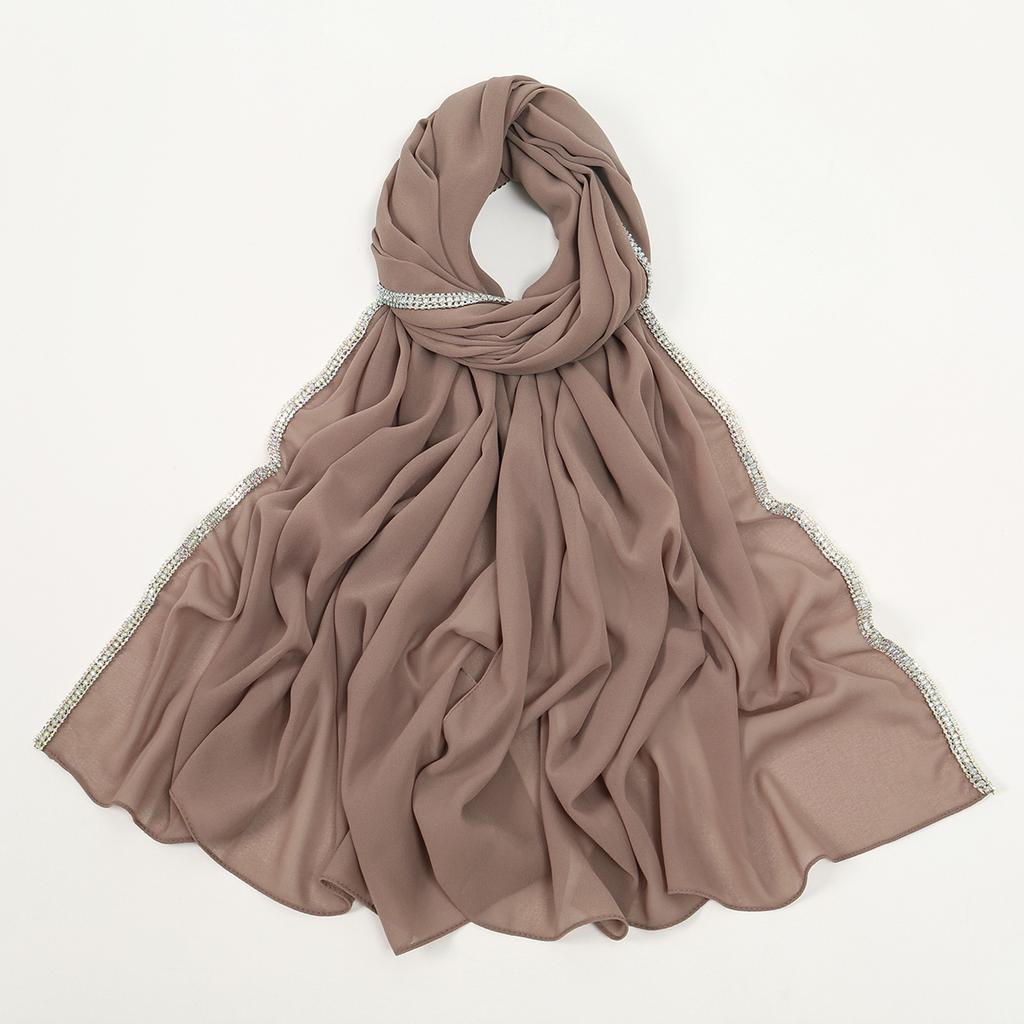Luxury Rhinestone Chiffon Solid Long Scarf Islamic Women's Head Wrap Neck Scarf Hijab Lightweight Turban Headband 180*70CM