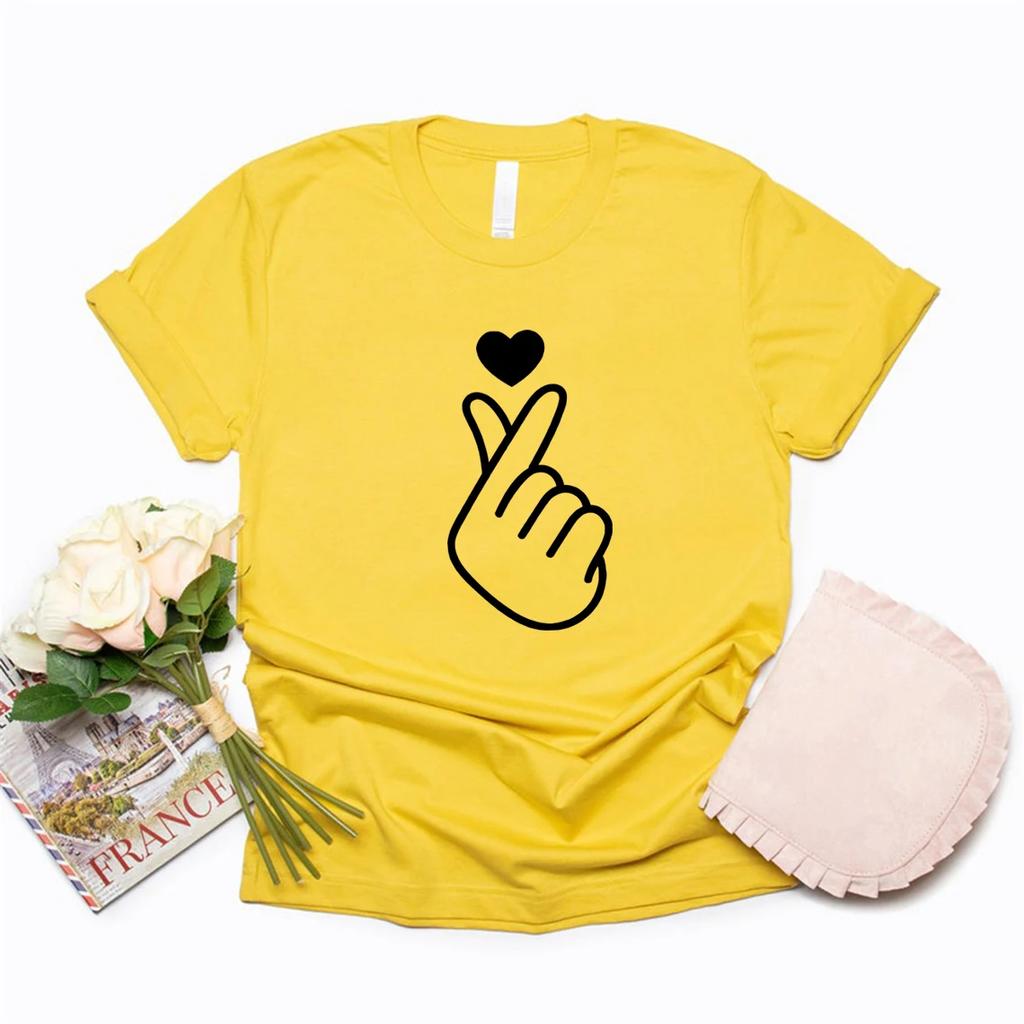 Корейская футболка с изображением пальцев в форме сердца Корейская футболка с изображением любви Милые корейские футболки с изображением сердца K Pop Футболка Saranghae Футболки с графическим принтом для женщин