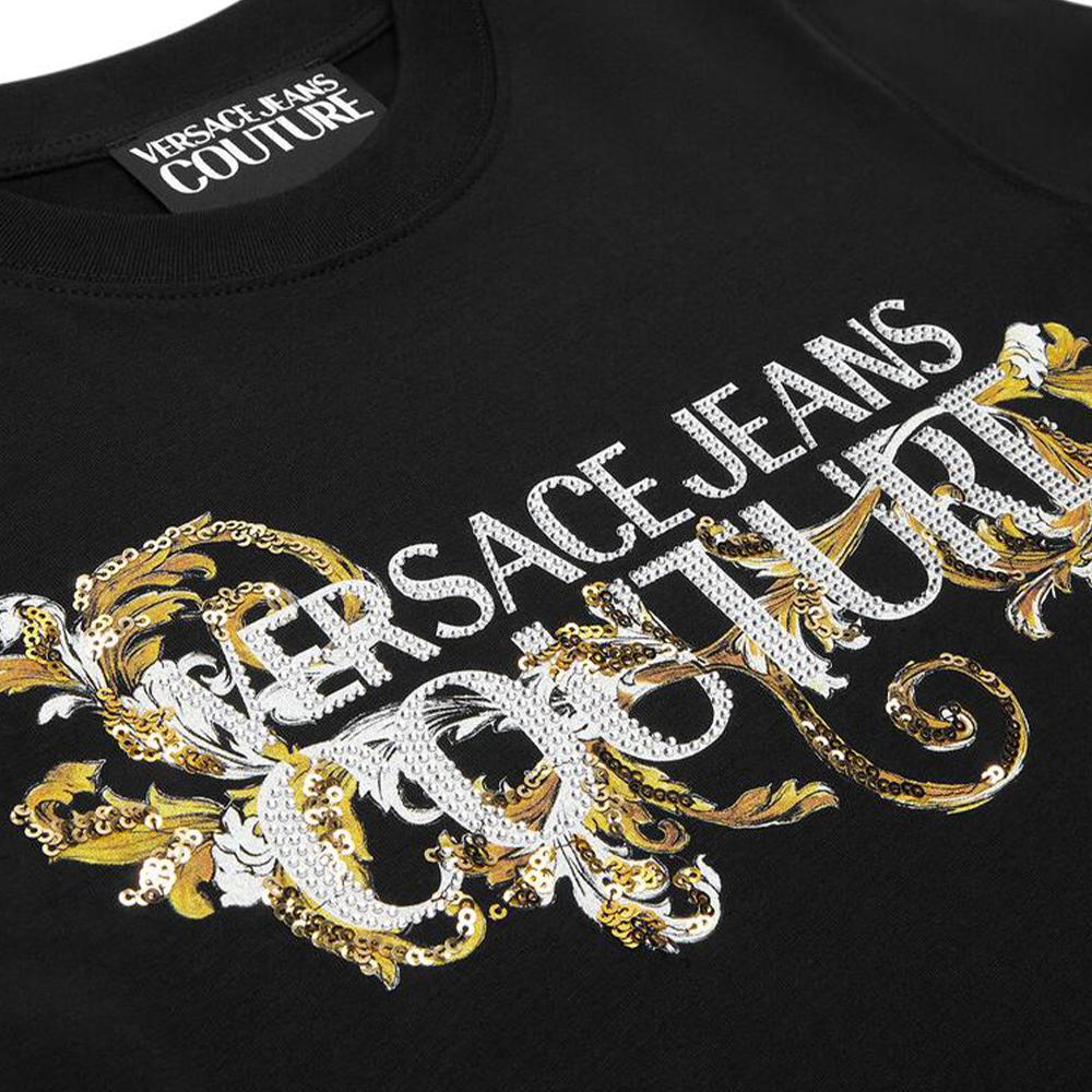 Versace Джинсовое платье-футляр с кристальным логотипом, короткий рукав, женское платье, Черный Золотой E78HAOC06-ECJ02C-EG89