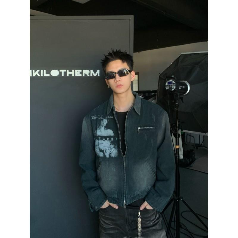 Mens Washed Vintage Cleanfit Streetwear Jacket Loose Fit Fall Outerwear In Navy Blue