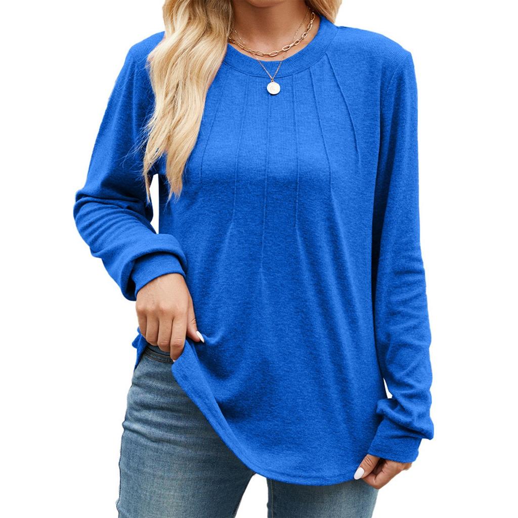 Женская мода повседневный однотонный плиссированный круглый вырез с длинным рукавом свободный пуловер топ