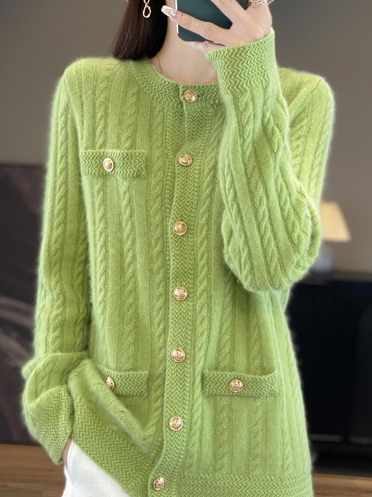 100% Wool Women's French Cable Knit Cardigan - Autumn/Winter Retro Short Aran Tweed Jacket