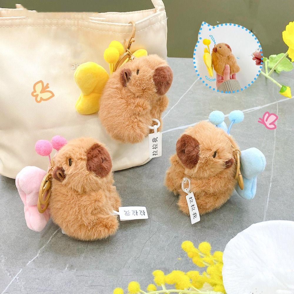 Cartoon Plush Capybara Keychain Pull Butterfly Car Keyring Funny Capybara Dolls Pendant  Bag Decor
