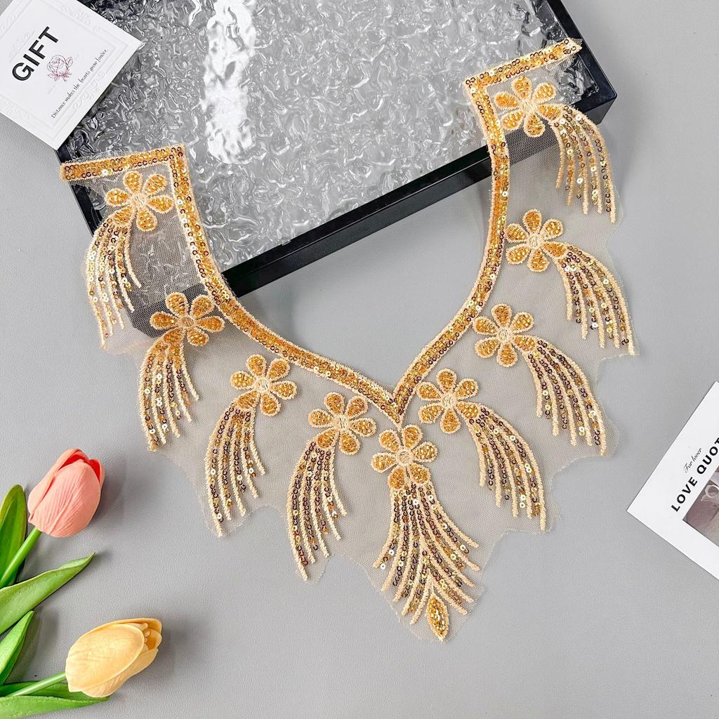 Gold Handmade Beads Three-Dimensional Flower Embroidery Applique Evening Dress Performance Dress Neckline Decoration Front Collar Cloth Sticker