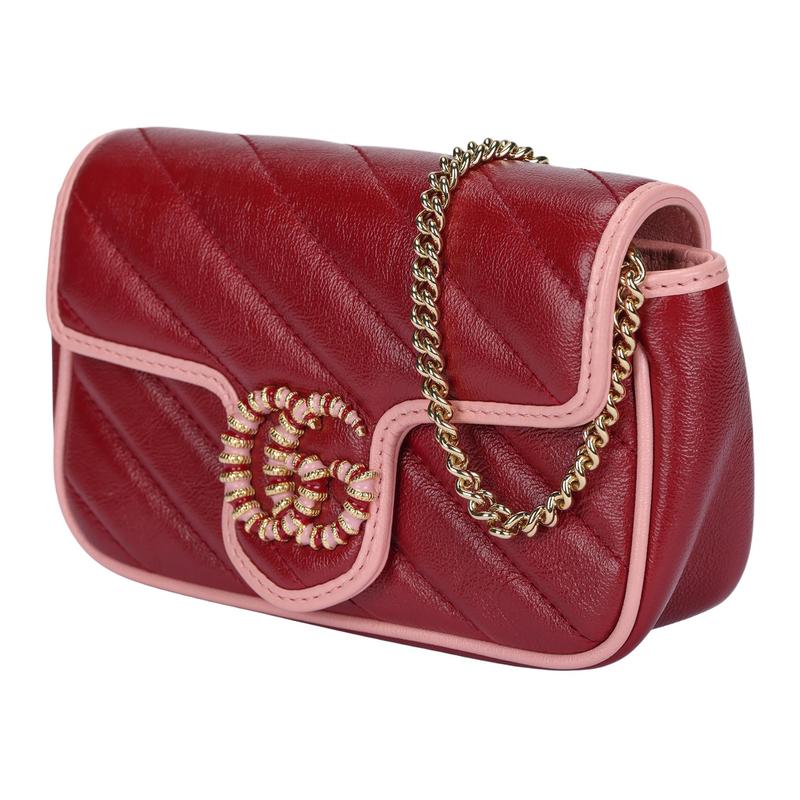 Gucci GG Marmont Золотая этикетка Логотип Цветные блоки Отделка Цепочка на плечо Стеганая кожаная сумка через плечо Мини Женская Красная и Розовая