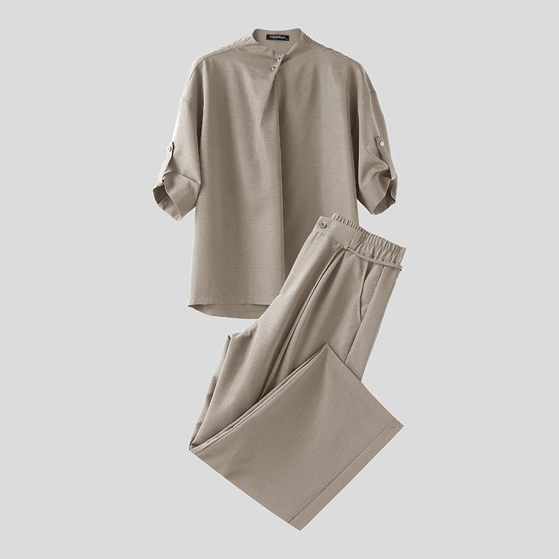 INCERUN Мужской костюм-двойка, рубашки с полурукавом и брюки с воротником-стойкой, повседневные свободные комплекты