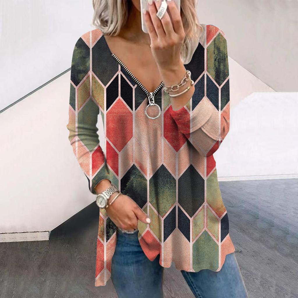 Женские осенние футболки с длинным рукавом и геометрическим принтом в форме ромба, свободные футболки с V-образным вырезом больших размеров, удобные блузки