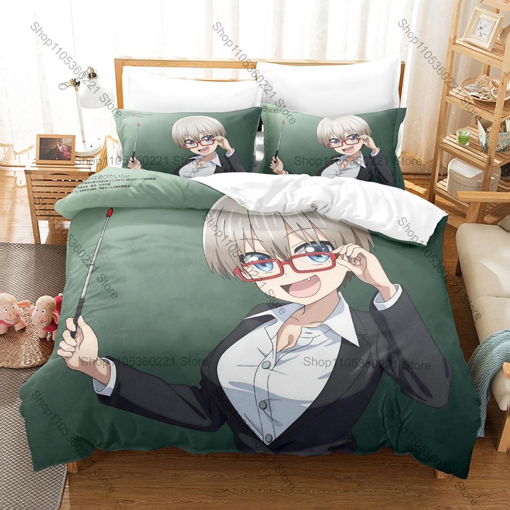 Крутой аниме комплект постельного белья 3 предмета Uzaki-chan Wants to Hang Out! Стильный дизайн спальни Подарок для фанатов Яркий арт-принт с аниме