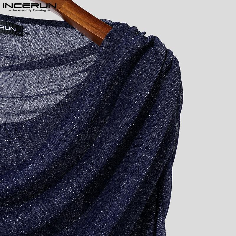 INCERUN Мужские топы с длинным рукавом и оборками из блестящей сетки для вечеринок и клубов, футболки