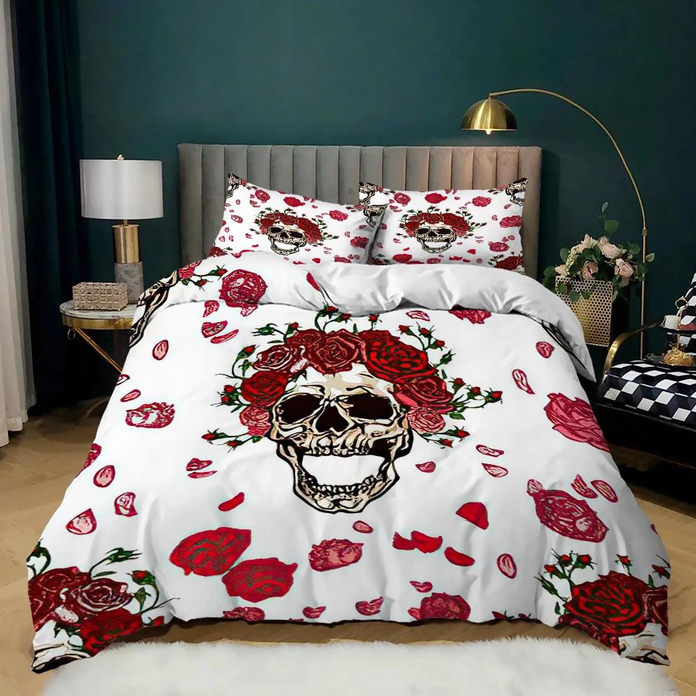 Skull Duvet Cover Queen Size Gothic Skeleton Bedding Set Rose Flower Polyester Comforter Cover For Kids Teens Adults Halloween